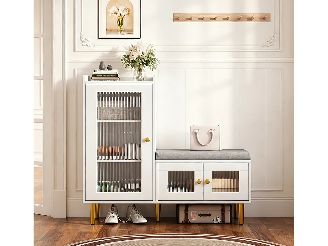 Armoire à chaussures - 100 x 35 x 90 cm - Banc à chaussures avec espace de rangement - 3 panneaux de porte semi-transparents - Blanc