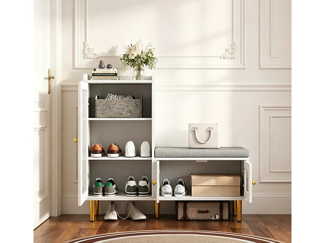 Armoire à chaussures - 100 x 35 x 90 cm - Banc à chaussures avec espace de rangement - 3 panneaux de porte semi-transparents - Blanc