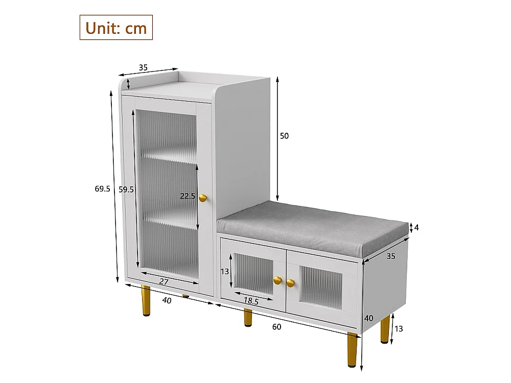 Armoire à chaussures - 100 x 35 x 90 cm - Banc à chaussures avec espace de rangement - 3 panneaux de porte semi-transparents - Blanc