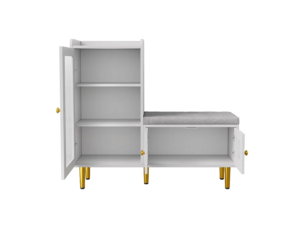Armoire à chaussures - 100 x 35 x 90 cm - Banc à chaussures avec espace de rangement - 3 panneaux de porte semi-transparents - Blanc