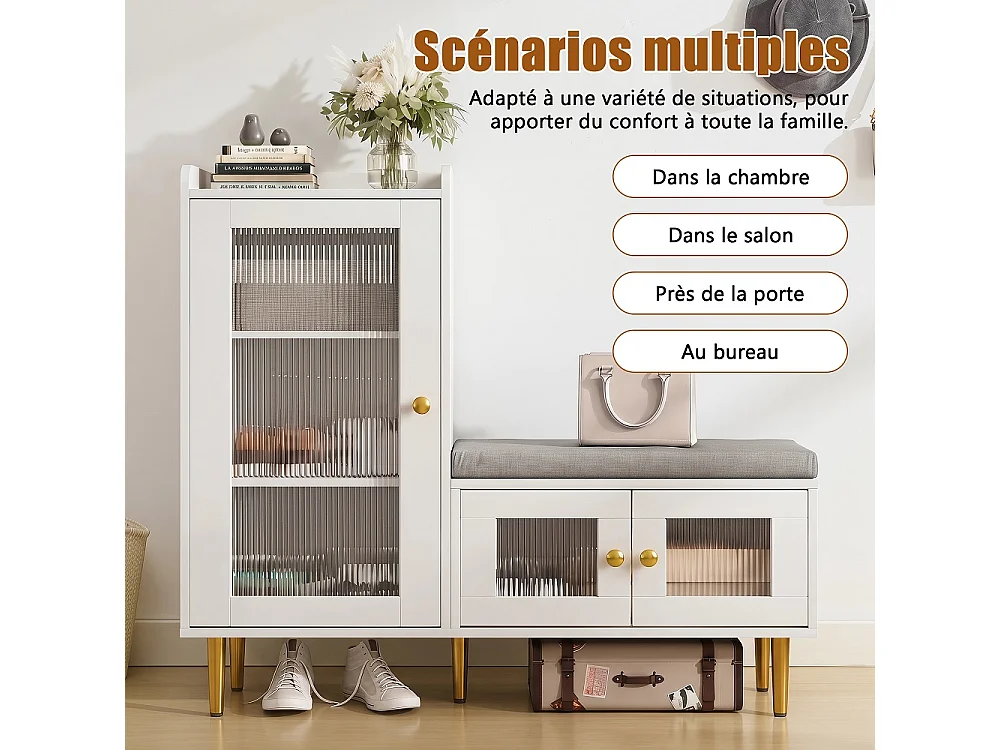 Armoire à chaussures - 100 x 35 x 90 cm - Banc à chaussures avec espace de rangement - 3 panneaux de porte semi-transparents - Blanc