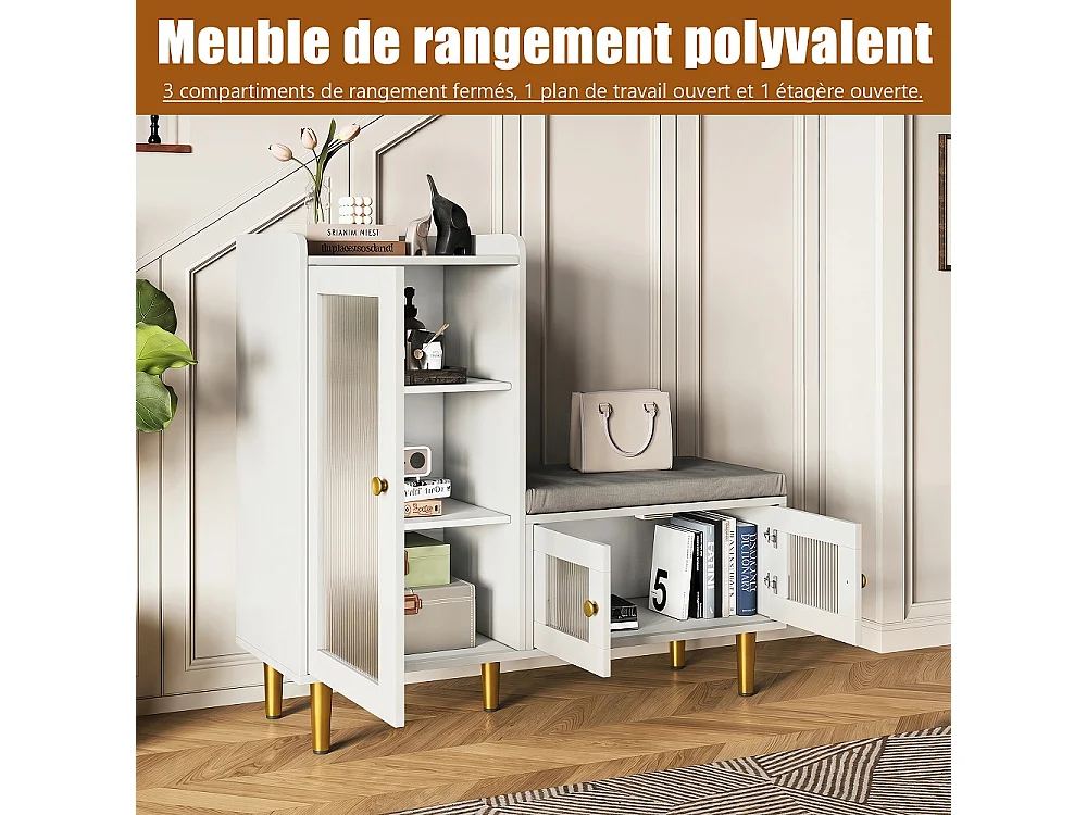 Armoire à chaussures - 100 x 35 x 90 cm - Banc à chaussures avec espace de rangement - 3 panneaux de porte semi-transparents - Blanc