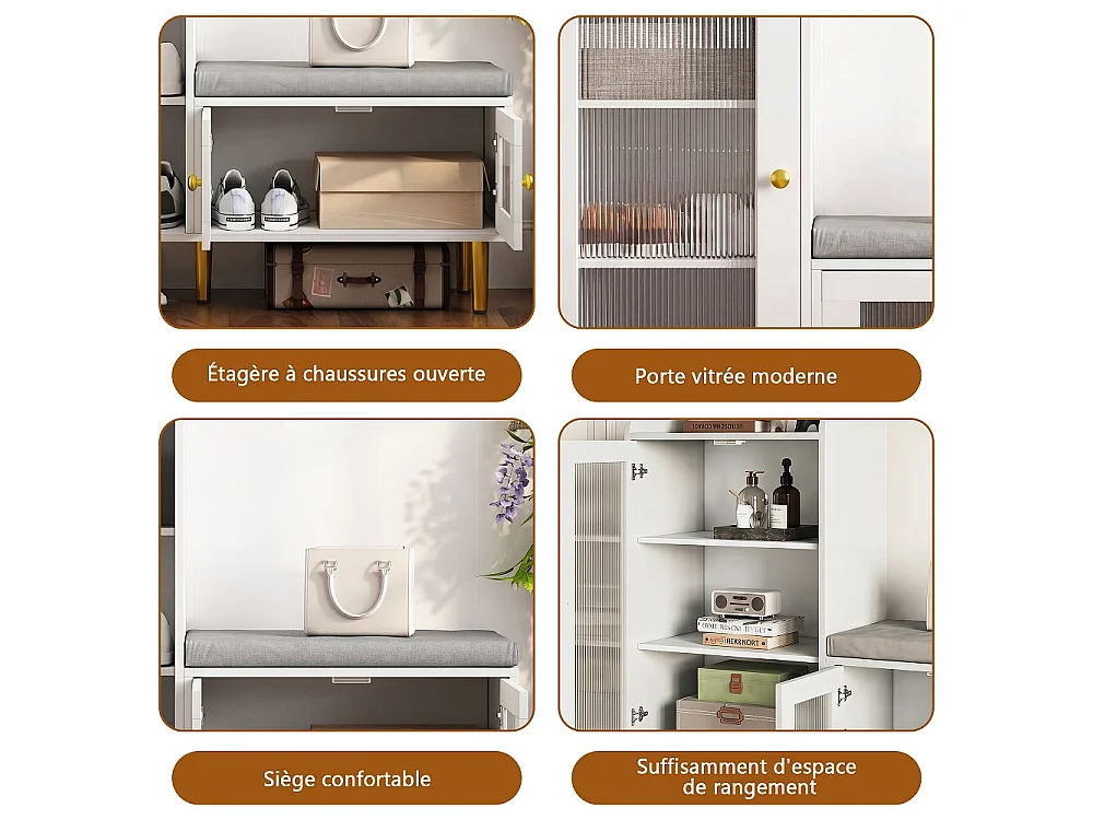 Armoire à chaussures - 100 x 35 x 90 cm - Banc à chaussures avec espace de rangement - 3 panneaux de porte semi-transparents - Blanc