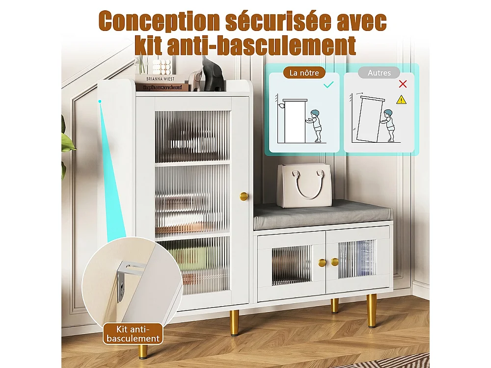 Armoire à chaussures - 100 x 35 x 90 cm - Banc à chaussures avec espace de rangement - 3 panneaux de porte semi-transparents - Blanc