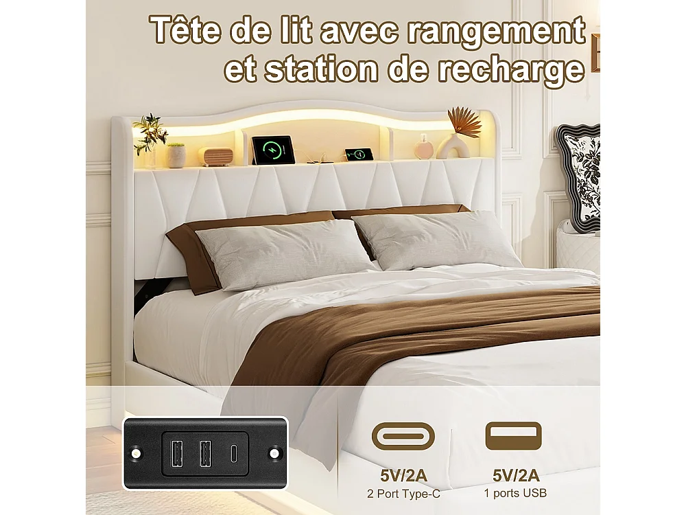 Lit de stockage hydraulique - 140 x 200 cm - Tête de stockage en forme d'onde - avec station de charge LED - Tissu velours - beige