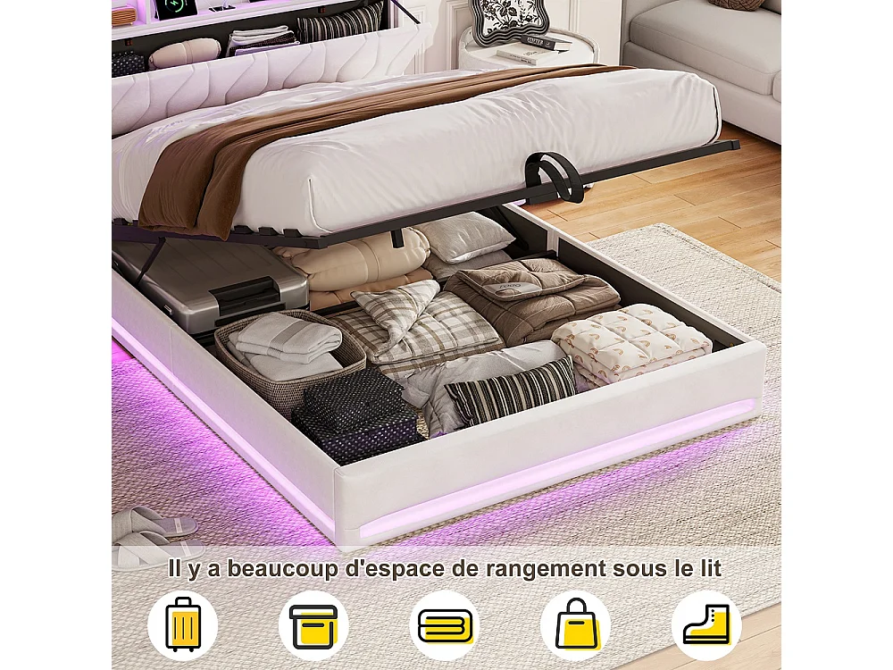 Lit de stockage hydraulique - 140 x 200 cm - Tête de stockage en forme d'onde - avec station de charge LED - Tissu velours - beige