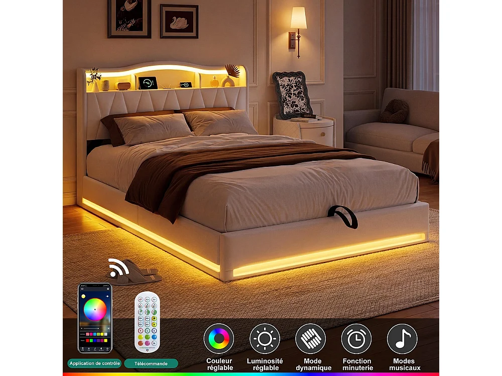 Lit de stockage hydraulique - 140 x 200 cm - Tête de stockage en forme d'onde - avec station de charge LED - Tissu velours - beige