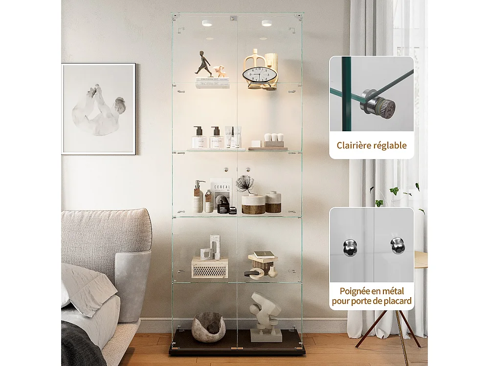 Affichage en verre - 78.5 x 34.5 x 186.5 cm - 5 couches avec éclairage LED et portes doubles - Pat Light - Noir