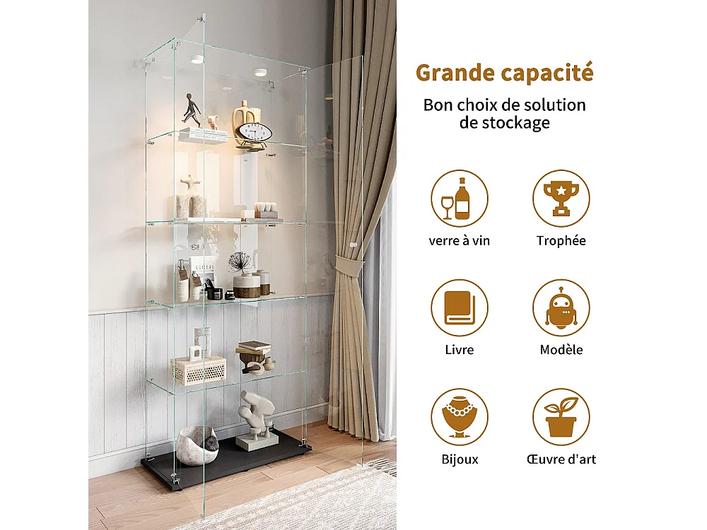 Affichage en verre - 78.5 x 34.5 x 186.5 cm - 5 couches avec éclairage LED et portes doubles - Pat Light - Noir