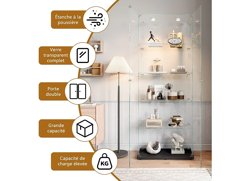 Affichage en verre - 78.5 x 34.5 x 186.5 cm - 5 couches avec éclairage LED et portes doubles - Pat Light - Noir