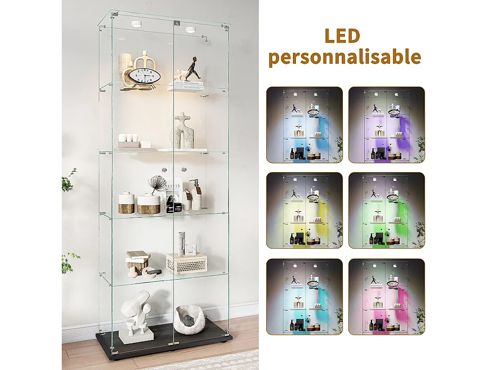 Affichage en verre - 78.5 x 34.5 x 186.5 cm - 5 couches avec éclairage LED et portes doubles - Pat Light - Noir