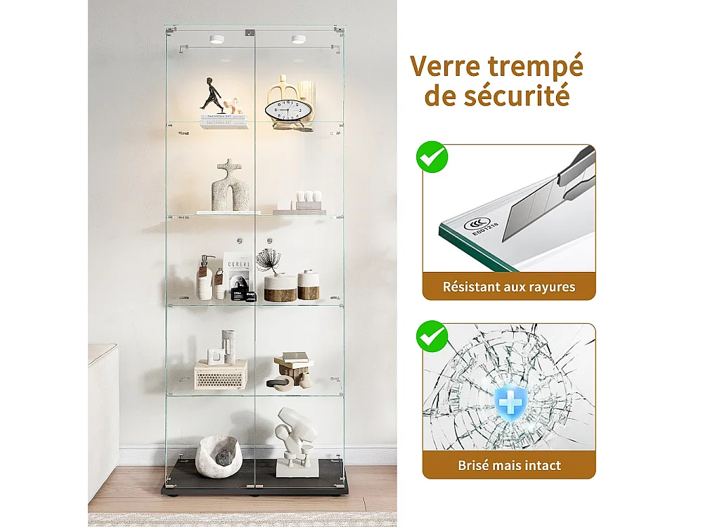 Affichage en verre - 78.5 x 34.5 x 186.5 cm - 5 couches avec éclairage LED et portes doubles - Pat Light - Noir