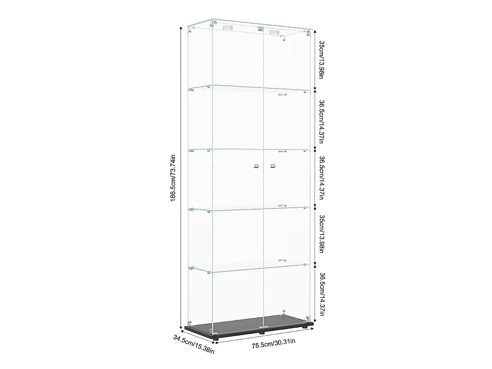 Affichage en verre - 78.5 x 34.5 x 186.5 cm - 5 couches avec éclairage LED et portes doubles - Pat Light - Noir