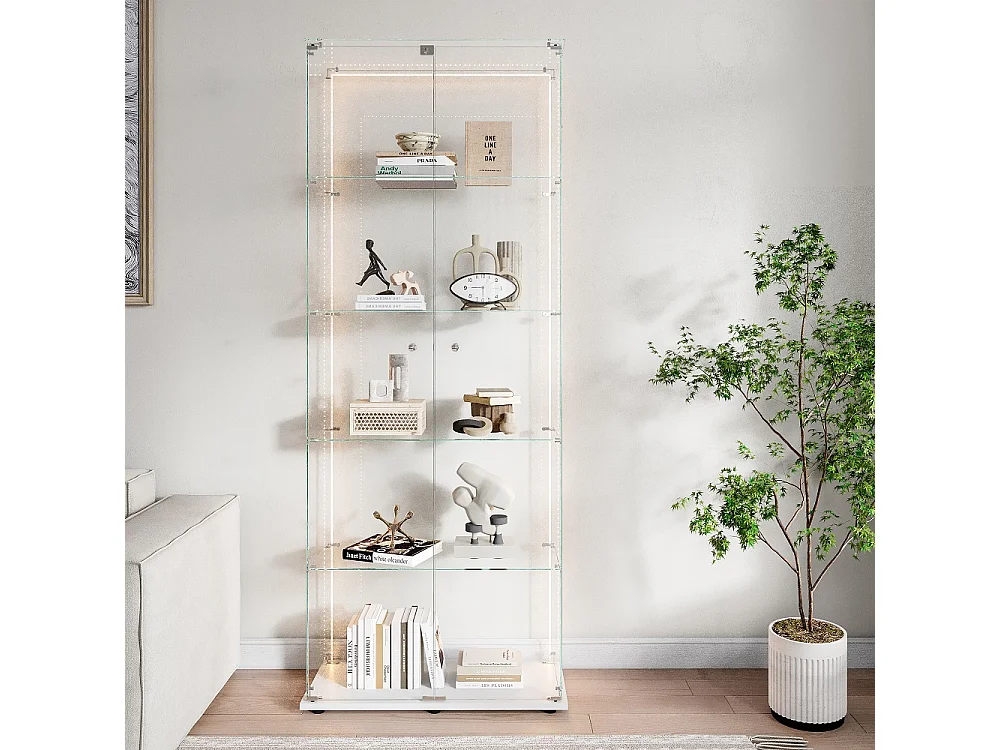 Affichage en verre - 78.5 x 34.5 x 186.5 cm - 5 couches avec éclairage LED et double porte - Bande lumineuse - Blanc