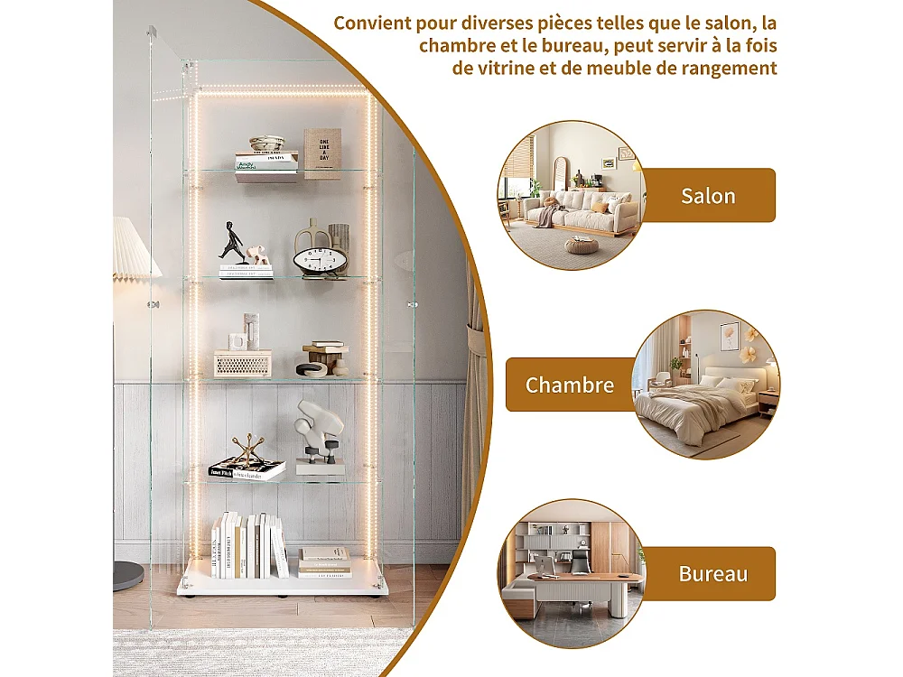 Affichage en verre - 78.5 x 34.5 x 186.5 cm - 5 couches avec éclairage LED et double porte - Bande lumineuse - Blanc
