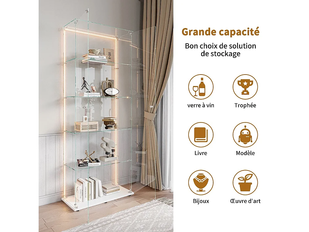 Affichage en verre - 78.5 x 34.5 x 186.5 cm - 5 couches avec éclairage LED et double porte - Bande lumineuse - Blanc