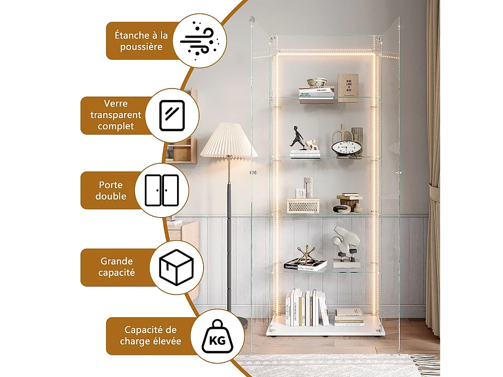 Affichage en verre - 78.5 x 34.5 x 186.5 cm - 5 couches avec éclairage LED et double porte - Bande lumineuse - Blanc