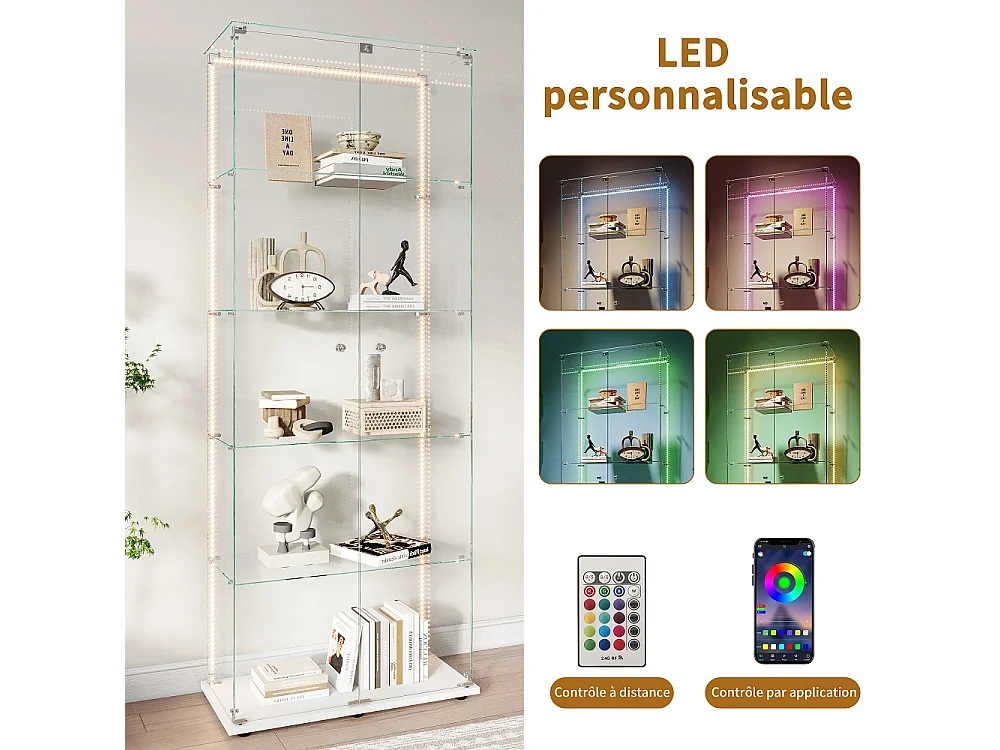 Affichage en verre - 78.5 x 34.5 x 186.5 cm - 5 couches avec éclairage LED et double porte - Bande lumineuse - Blanc