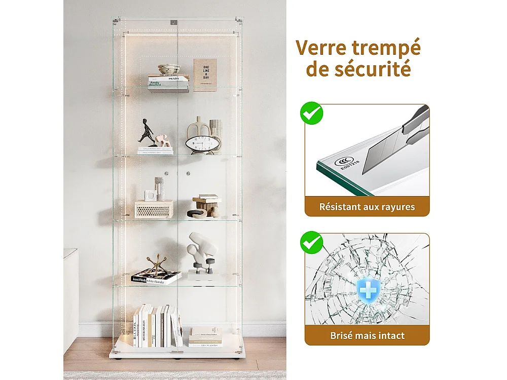 Affichage en verre - 78.5 x 34.5 x 186.5 cm - 5 couches avec éclairage LED et double porte - Bande lumineuse - Blanc