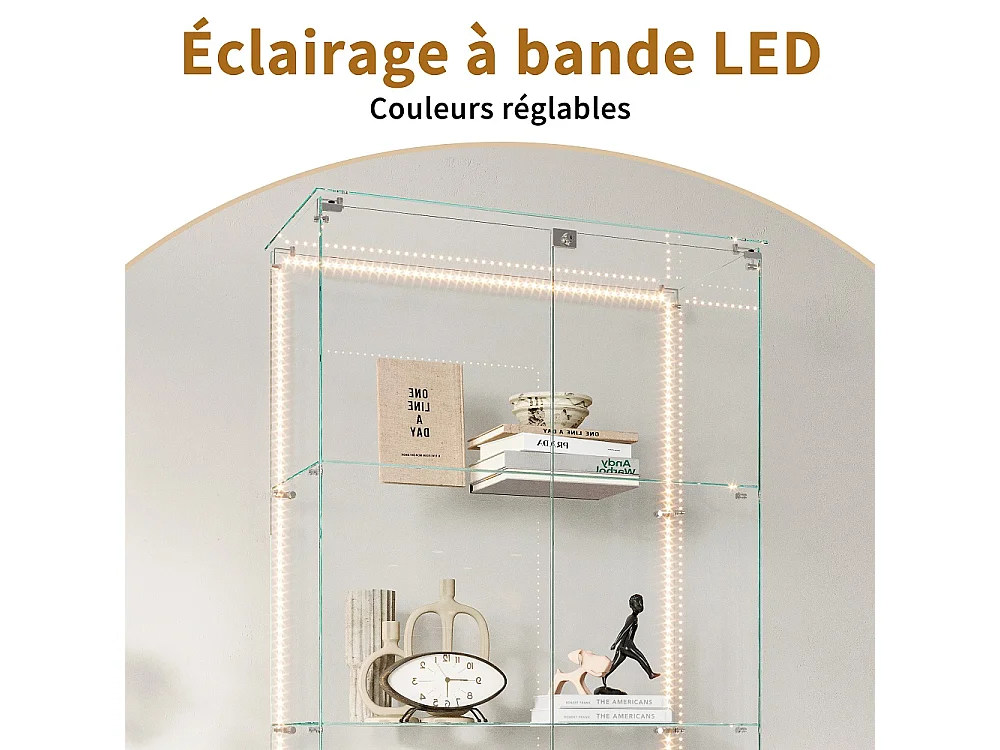 Affichage en verre - 78.5 x 34.5 x 186.5 cm - 5 couches avec éclairage LED et double porte - Bande lumineuse - Blanc