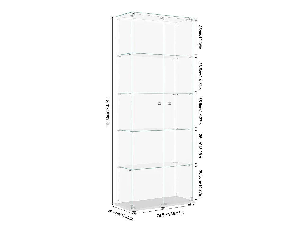 Affichage en verre - 78.5 x 34.5 x 186.5 cm - 5 couches avec éclairage LED et double porte - Bande lumineuse - Blanc