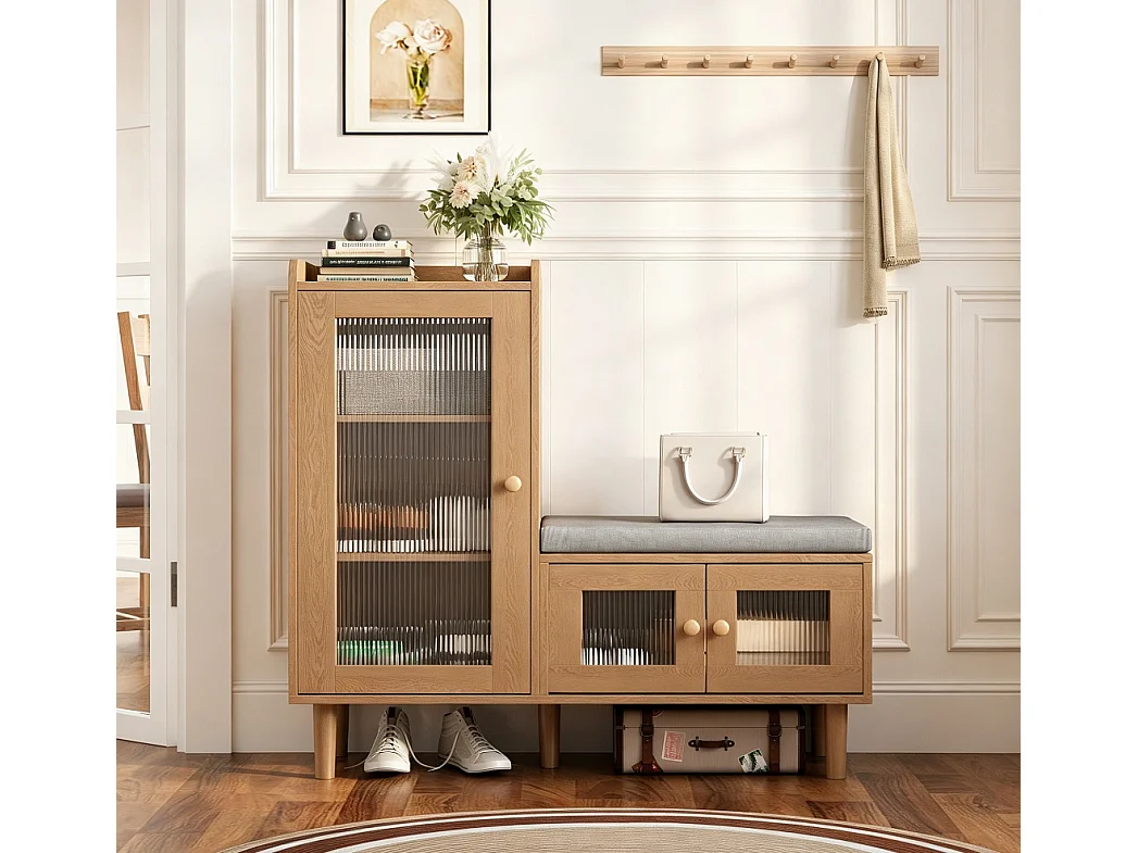 Armoire à chaussures - 100 x 35 x 90 cm - Banc à chaussures avec espace de rangement - 3 panneaux de porte semi-transparents - Marron