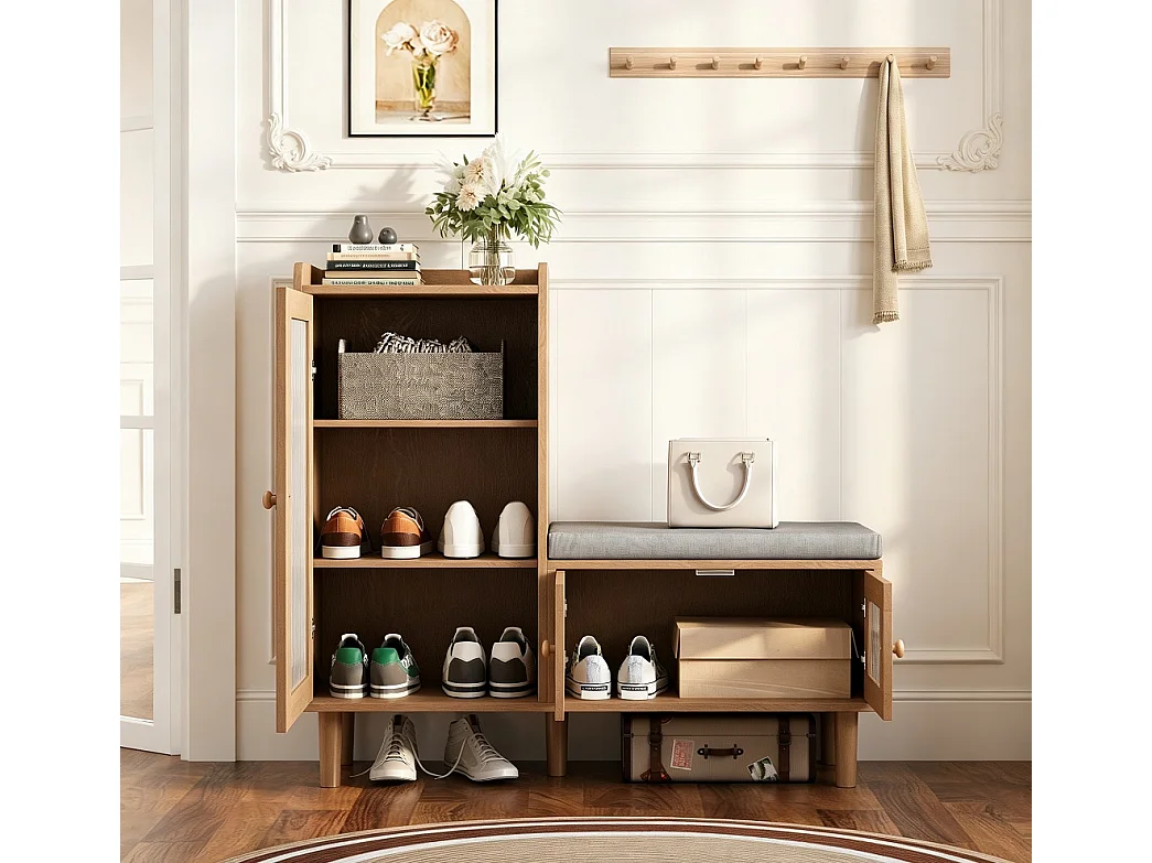 Armoire à chaussures - 100 x 35 x 90 cm - Banc à chaussures avec espace de rangement - 3 panneaux de porte semi-transparents - Marron