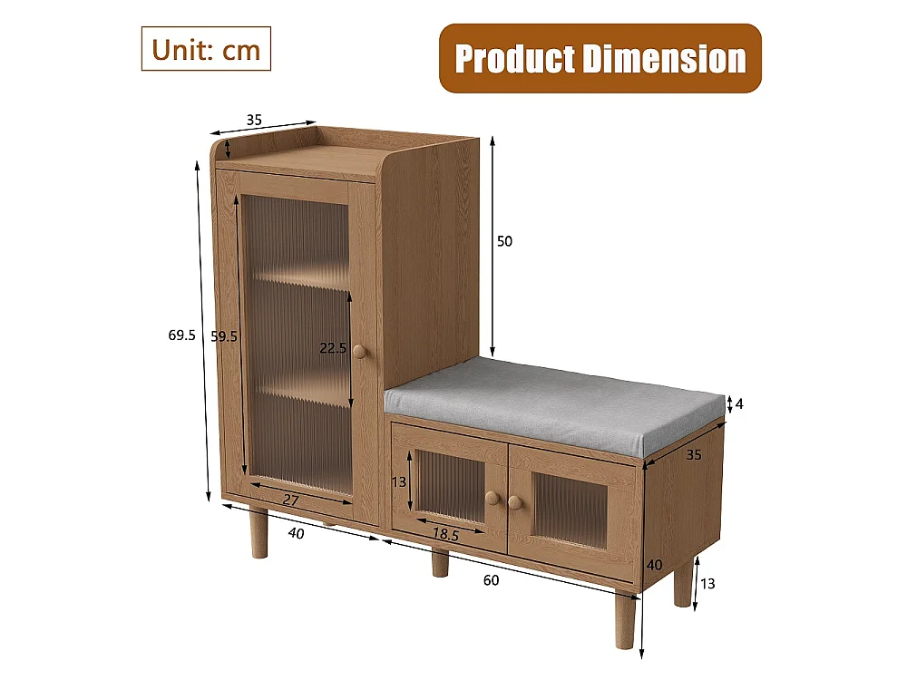 Armoire à chaussures - 100 x 35 x 90 cm - Banc à chaussures avec espace de rangement - 3 panneaux de porte semi-transparents - Marron