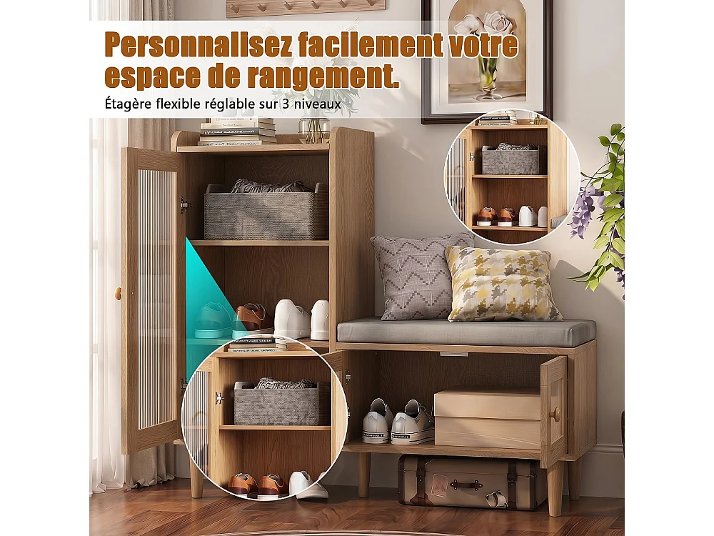 Armoire à chaussures - 100 x 35 x 90 cm - Banc à chaussures avec espace de rangement - 3 panneaux de porte semi-transparents - Marron