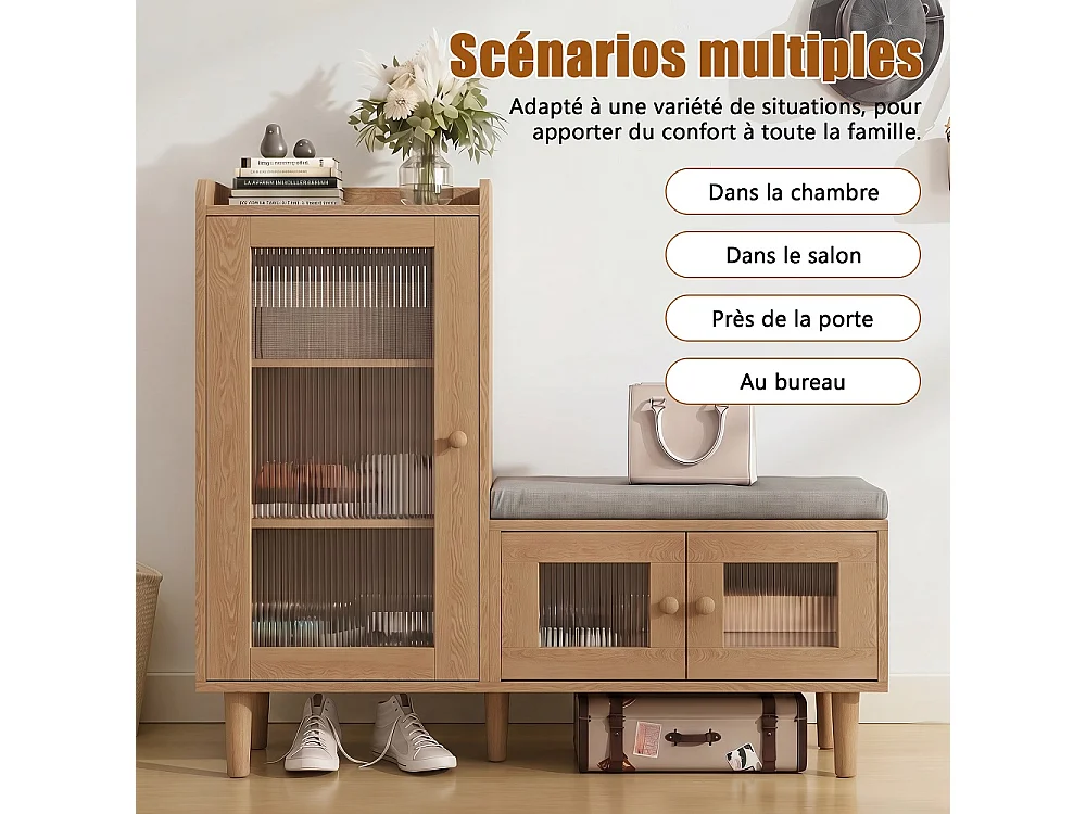 Armoire à chaussures - 100 x 35 x 90 cm - Banc à chaussures avec espace de rangement - 3 panneaux de porte semi-transparents - Marron