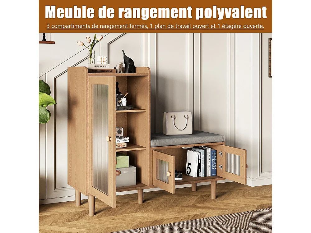 Armoire à chaussures - 100 x 35 x 90 cm - Banc à chaussures avec espace de rangement - 3 panneaux de porte semi-transparents - Marron