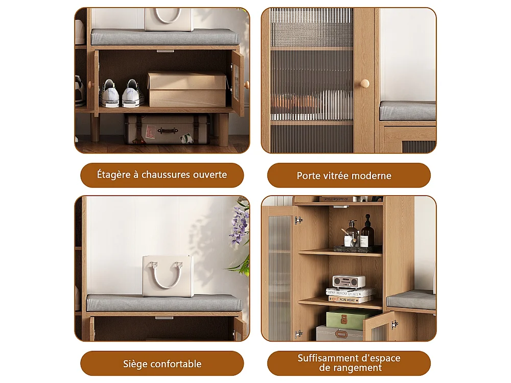 Armoire à chaussures - 100 x 35 x 90 cm - Banc à chaussures avec espace de rangement - 3 panneaux de porte semi-transparents - Marron