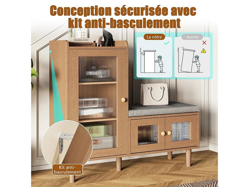Armoire à chaussures - 100 x 35 x 90 cm - Banc à chaussures avec espace de rangement - 3 panneaux de porte semi-transparents - Marron