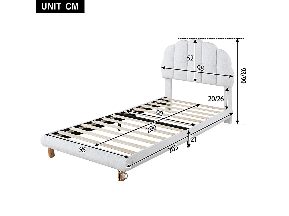 Lit simple - 90 x 200 cm - avec tête en forme de nuage - Fleece en peluche - Blanc