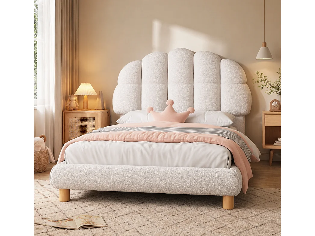 Lit simple - 90 x 200 cm - avec tête en forme de nuage - Fleece en peluche - Blanc