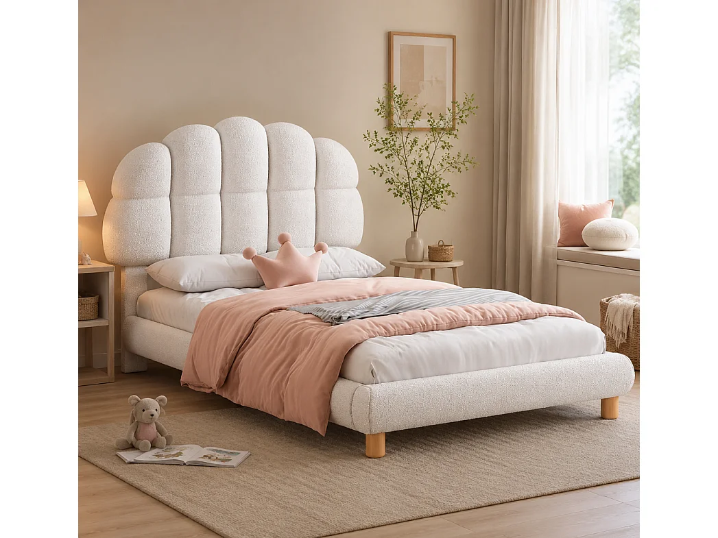 Lit simple - 90 x 200 cm - avec tête en forme de nuage - Fleece en peluche - Blanc