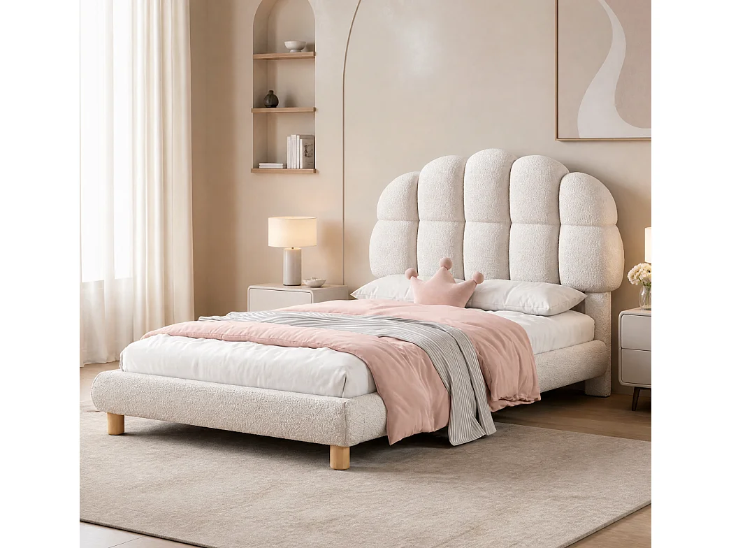 Lit simple - 90 x 200 cm - avec tête en forme de nuage - Fleece en peluche - Blanc