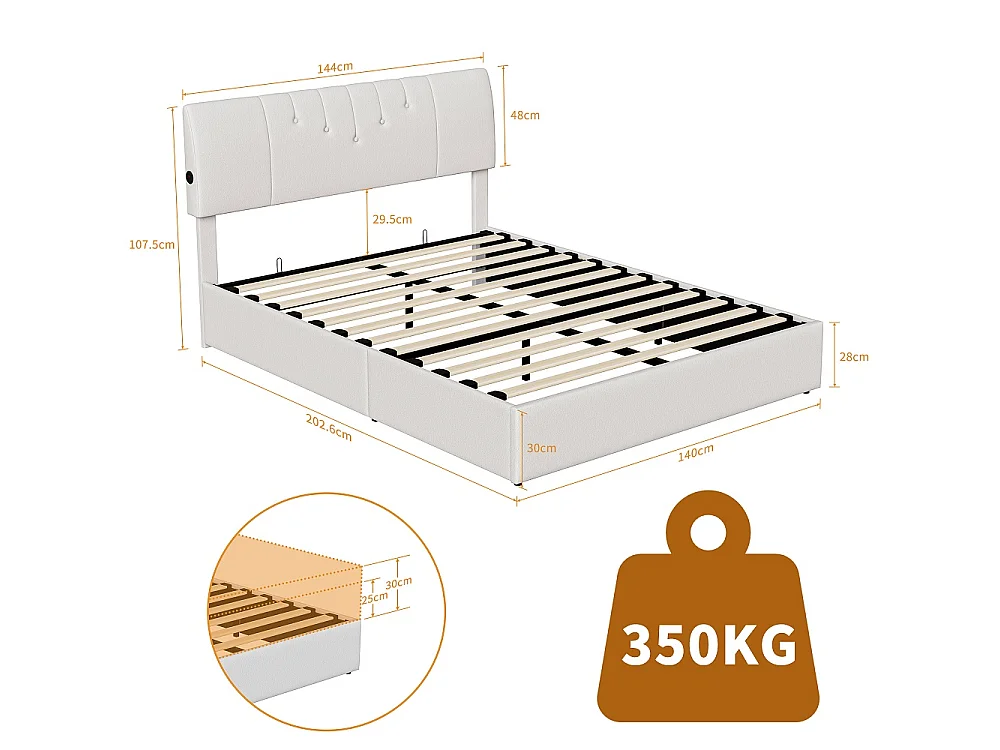 Lit hydraulique - 140 x 190 cm - avec fonction de charge USB et espace de stockage - Rembourré de tissu en peluche - blanc brun