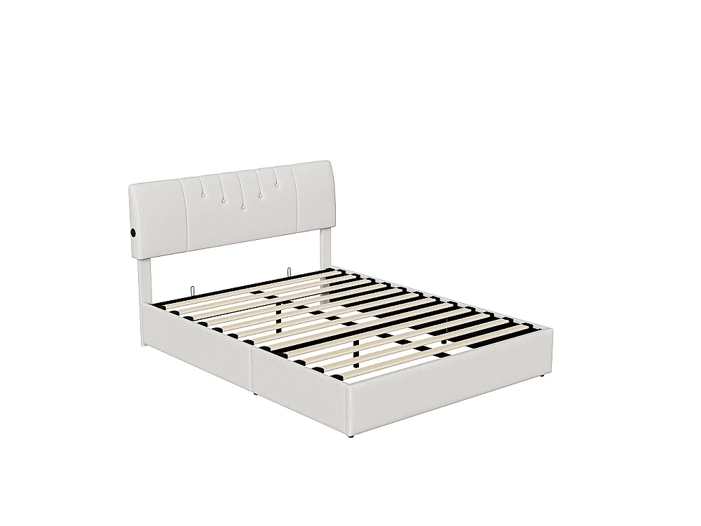 Lit hydraulique - 140 x 190 cm - avec fonction de charge USB et espace de stockage - Rembourré de tissu en peluche - blanc brun