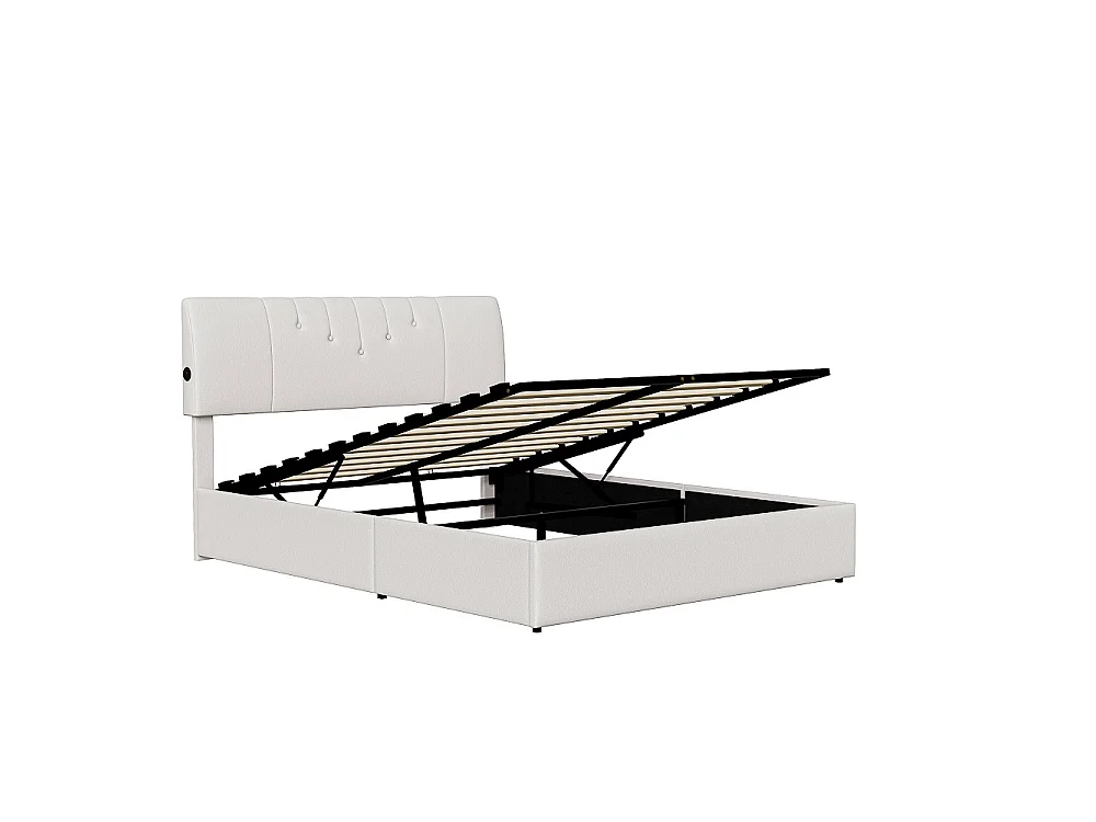 Lit hydraulique - 140 x 190 cm - avec fonction de charge USB et espace de stockage - Rembourré de tissu en peluche - blanc brun