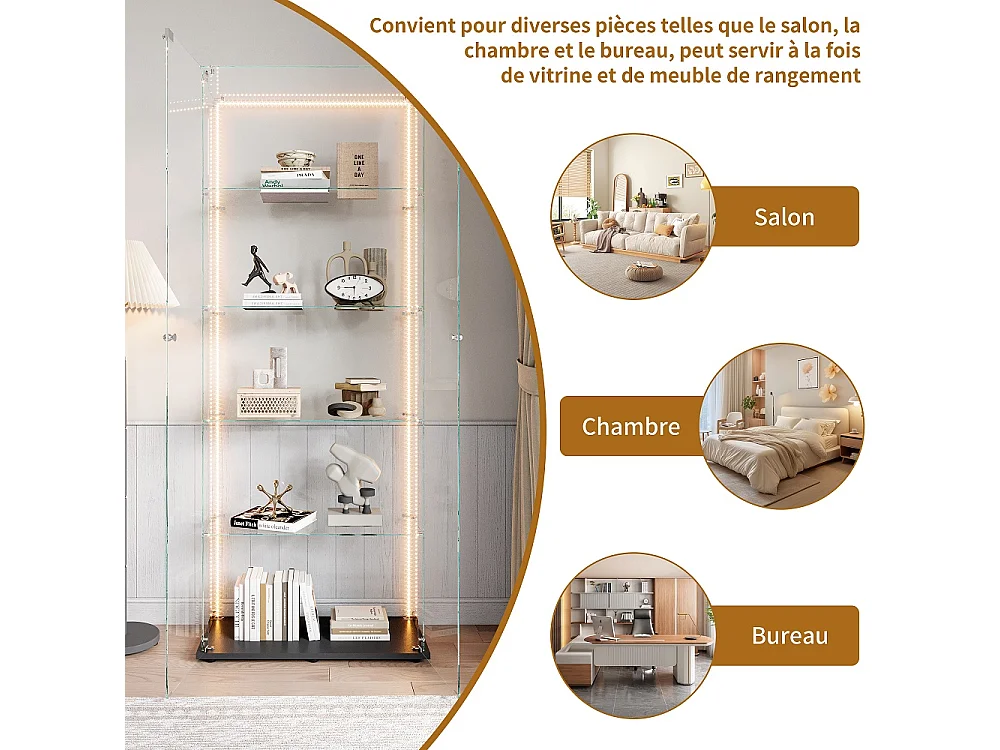 Affichage en verre - 78.5 x 34.5 x 186.5 cm - 5 couches avec éclairage LED et double porte - Bande lumineuse - Noir