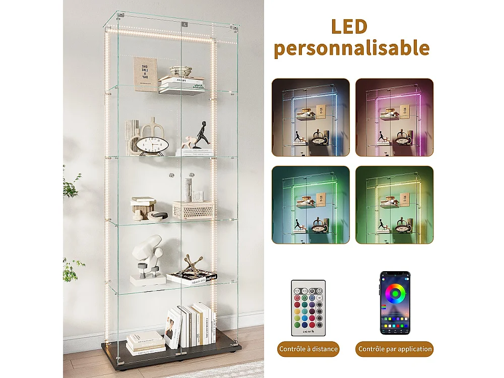 Affichage en verre - 78.5 x 34.5 x 186.5 cm - 5 couches avec éclairage LED et double porte - Bande lumineuse - Noir