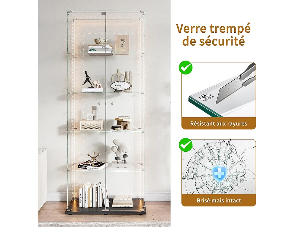 Affichage en verre - 78.5 x 34.5 x 186.5 cm - 5 couches avec éclairage LED et double porte - Bande lumineuse - Noir