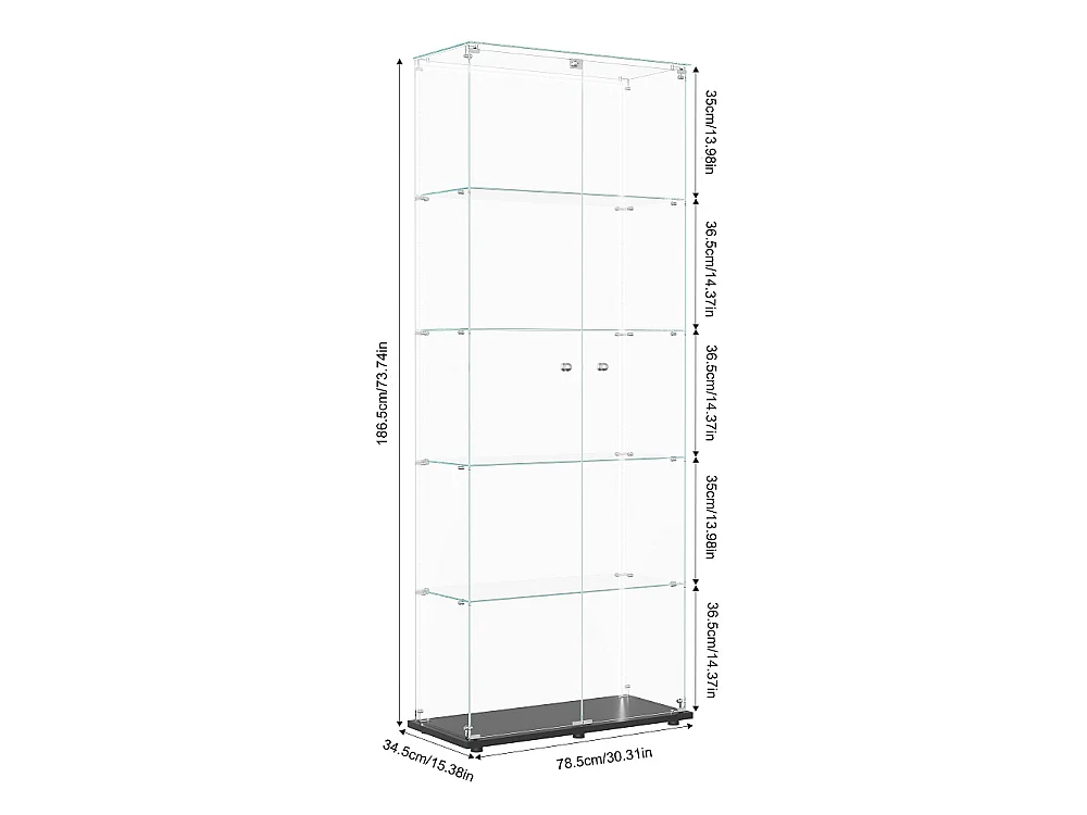 Affichage en verre - 78.5 x 34.5 x 186.5 cm - 5 couches avec éclairage LED et double porte - Bande lumineuse - Noir