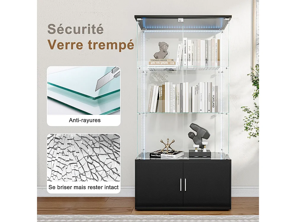 Affichage en verre - 164 x 78,5 x 35 cm - Porte double avec 3 étagères et rangement caché - avec éclairage LED - Noir
