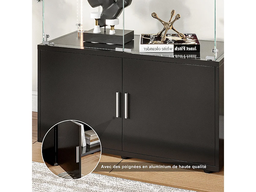 Affichage en verre - 164 x 78,5 x 35 cm - Porte double avec 3 étagères et rangement caché - avec éclairage LED - Noir