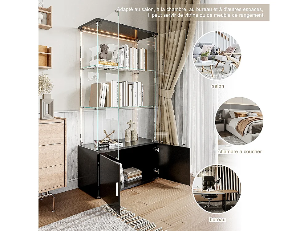 Affichage en verre - 164 x 78,5 x 35 cm - Porte double avec 3 étagères et rangement caché - avec éclairage LED - Noir