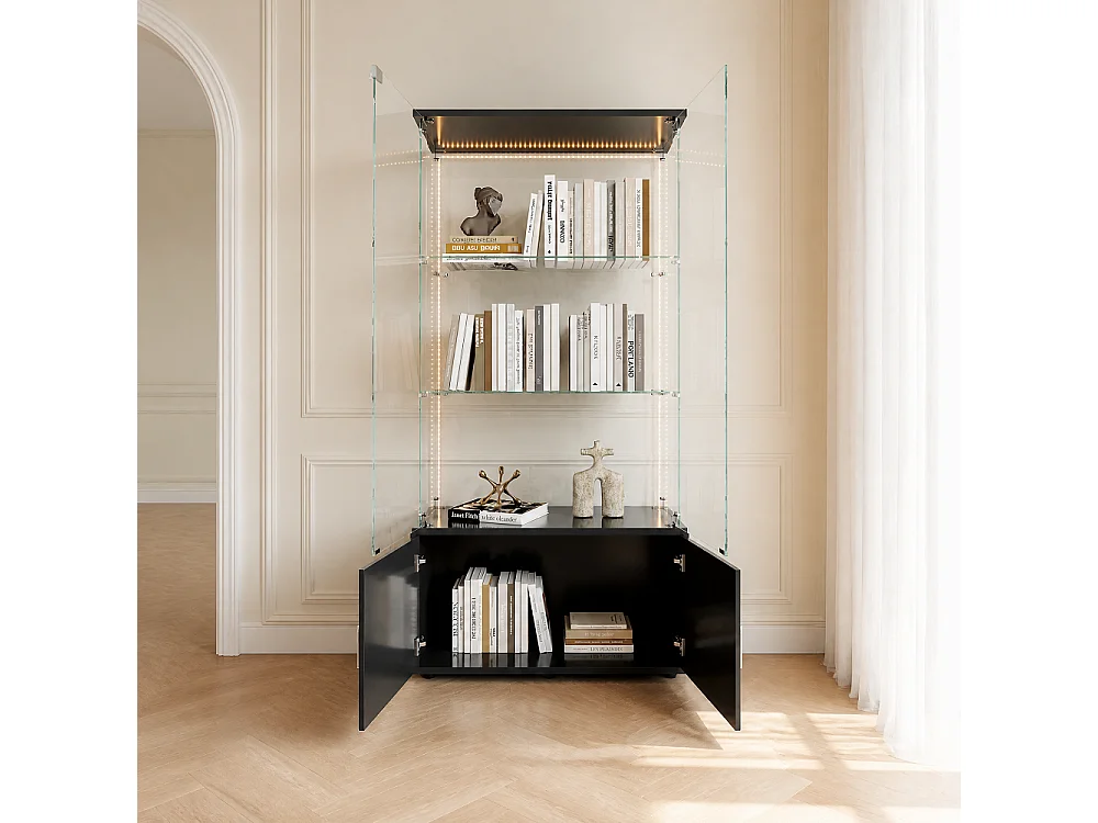 Affichage en verre - 164 x 78,5 x 35 cm - Porte double avec 3 étagères et rangement caché - avec éclairage LED - Noir