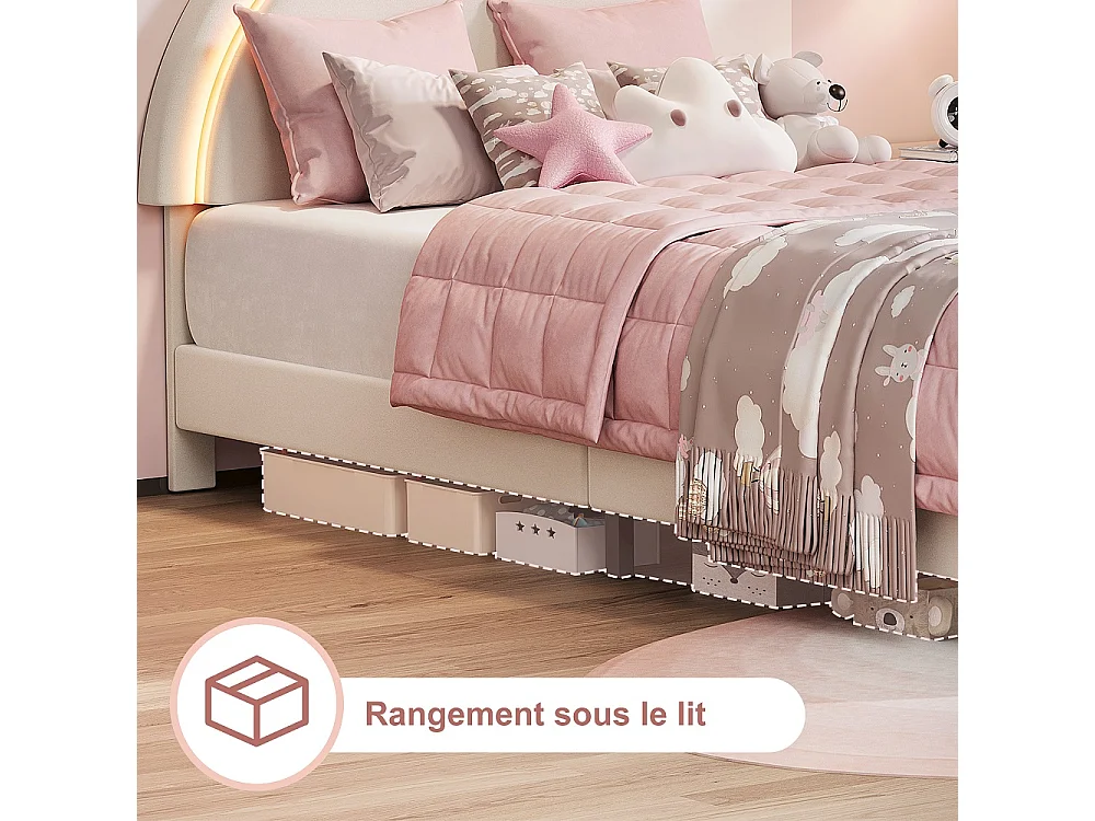 Lit pour enfants mignon - 90 x 200 cm - avec oreilles de lapin RVB LED Light Headboard - velours - sans matelas