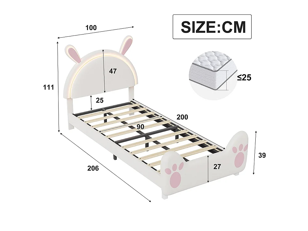 Lit pour enfants mignon - 90 x 200 cm - avec oreilles de lapin RVB LED Light Headboard - velours - sans matelas